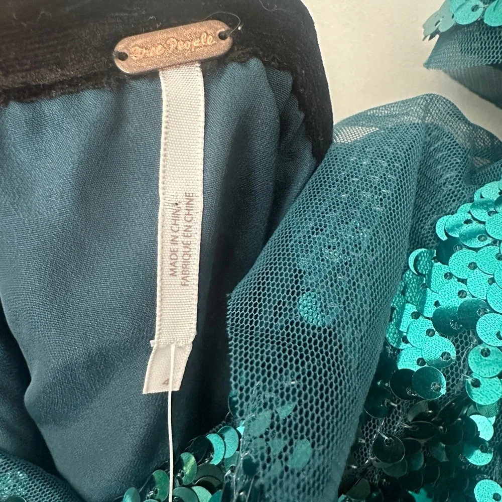 Free People Teal Sequin V-Neck Mini Party Dress with Black Velvet Tie